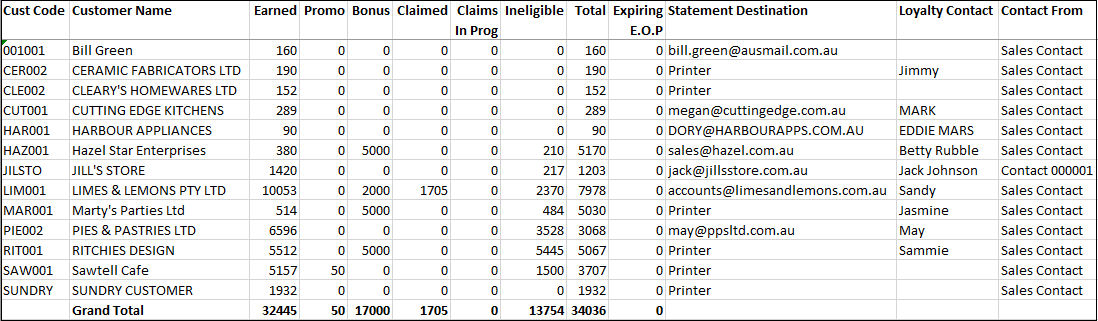 Example of Loyalty Points - Liability Report