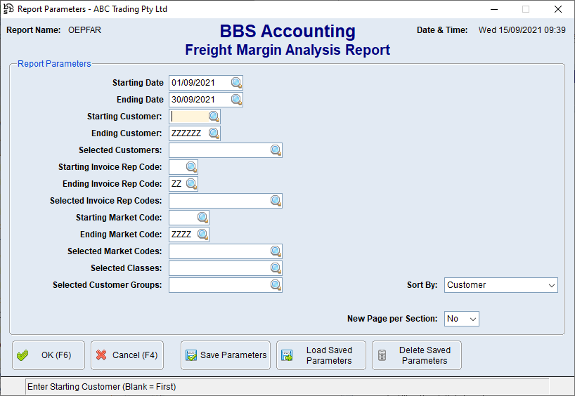 Freight Margin Analysis Report Screen