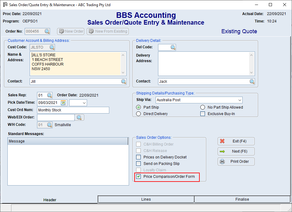 Sales Order/Quote Entry & Maintenance Header Tab Screen