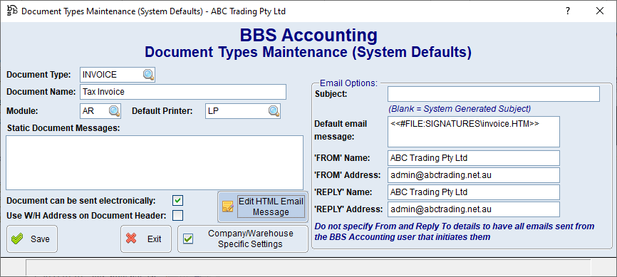 Document Types Maintenance Screen