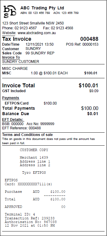 Example of Tyro Payment on a BBS POS docket