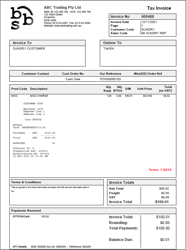 Example of Tyro Payment on a BBS invoice  