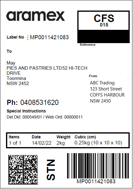 Example of Aramex (myFastway) despatch label