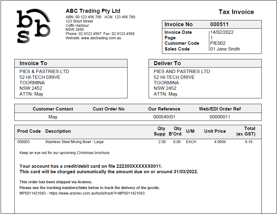 Example of invoice with tracking details