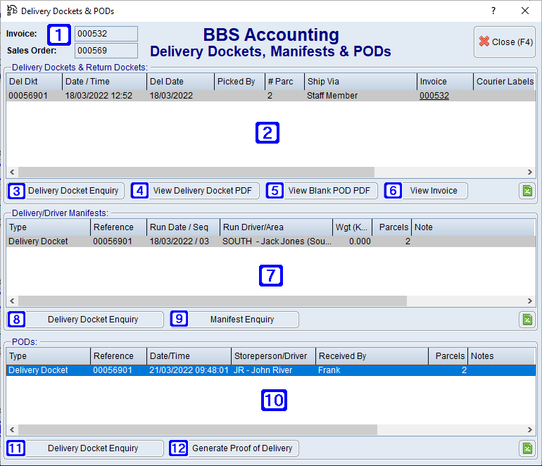 Delivery Dockets, Manifests & PODs Screen 