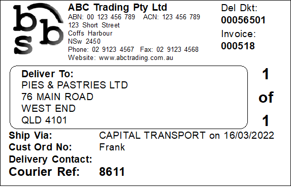 Example of Capital Transport Despatch Label