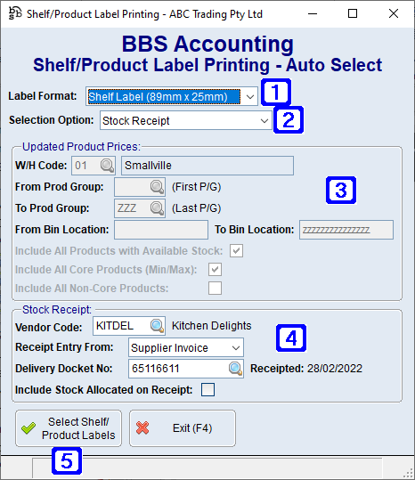 Shelf/Product Label Printing - Auto Select Screen