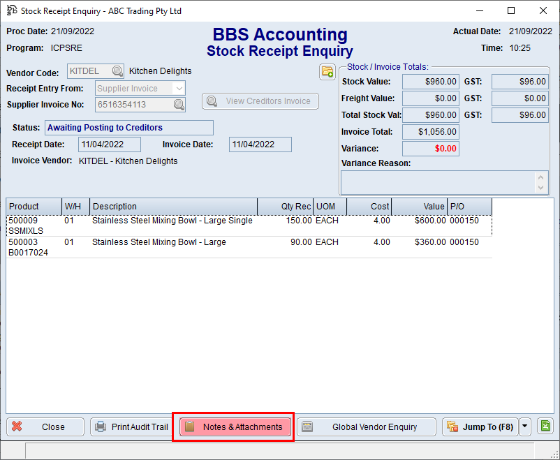 Stock Receipt Enquiry Screen