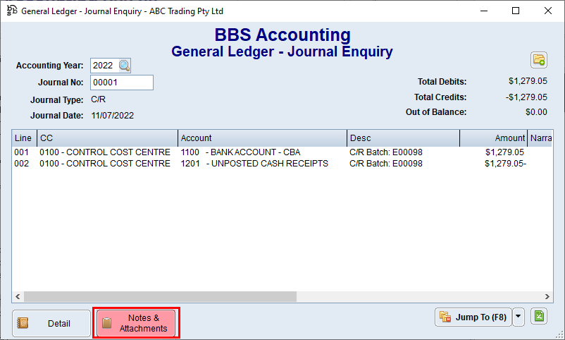 General Ledger Journal Enquiry Screen