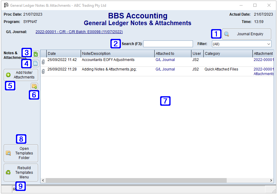 General Ledger Notes & Attachments Screen