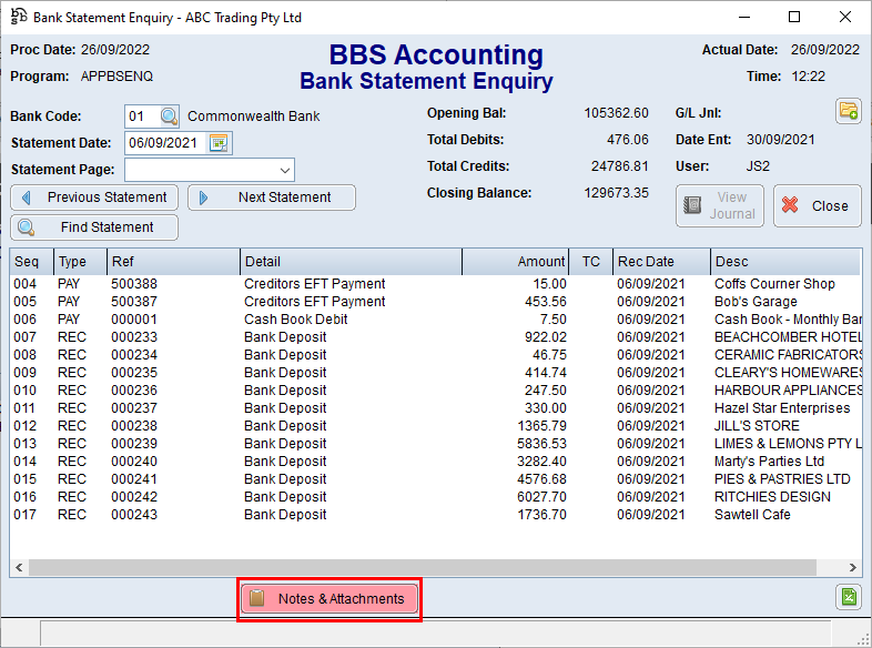 Bank Statement Enquiry Screen