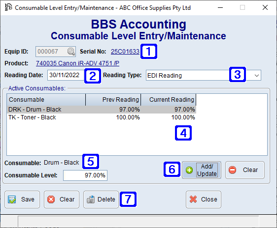 Consumable Level Entry/Maintenance Screen