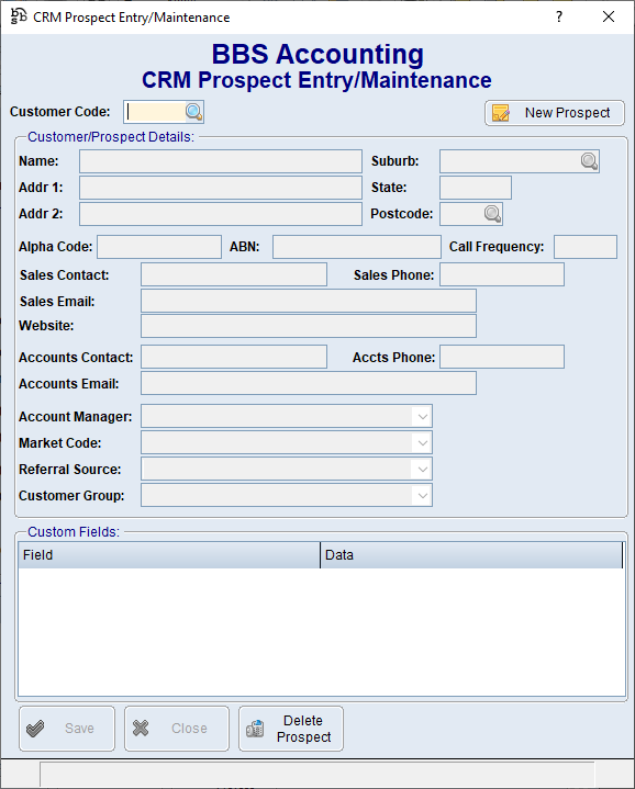 CRM Prospect Entry/Maintenance Screen