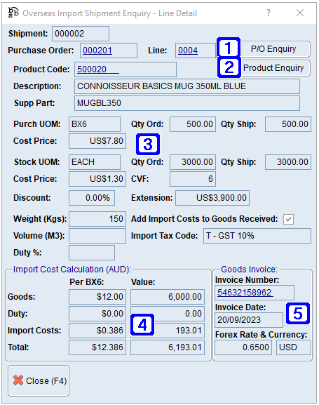 Overseas Import Shipment Enquiry - Line Details Screen