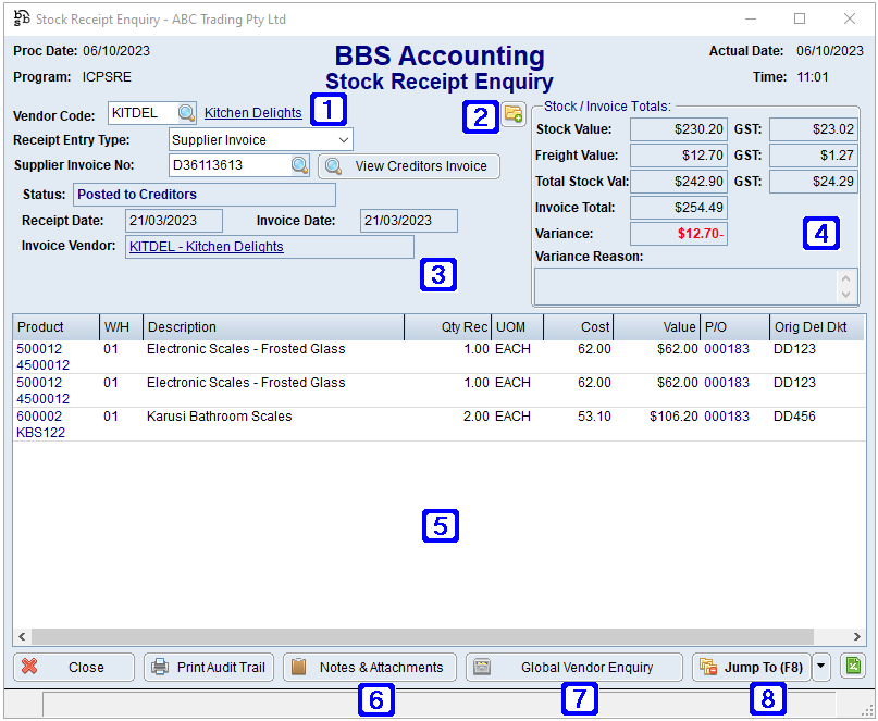 Stock Receipt Enquiry Screen - Local Purchase