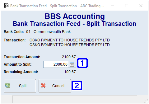 Bank Transaction Feed - Split Transaction Screen