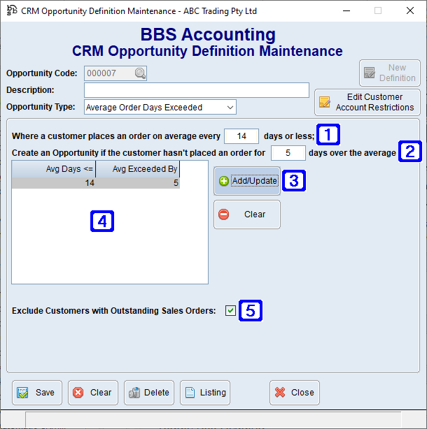 CRM Opportunity Definition Maintenance - Average Order Days Exceeded Screen