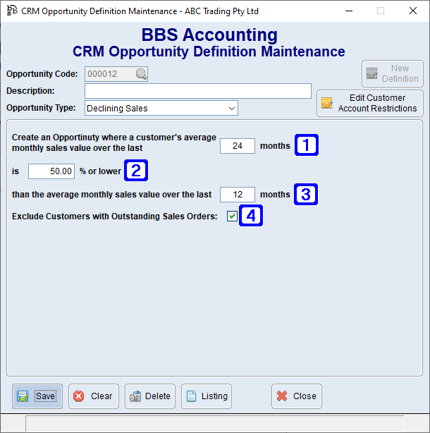 CRM Opportunity Definition Maintenance - Declining Sales Screen