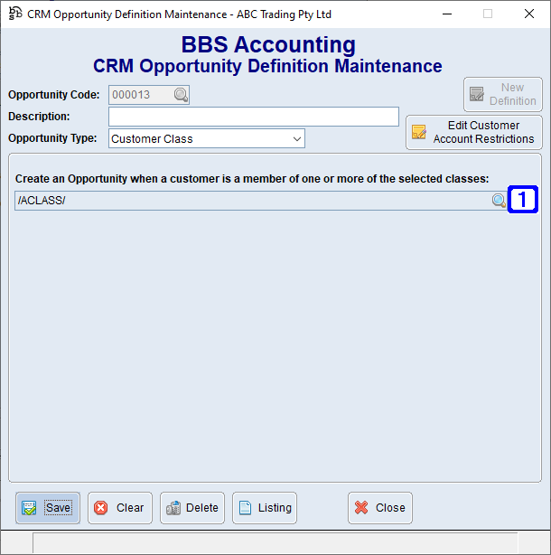 CRM Opportunity Definition Maintenance - Customer Class Screen