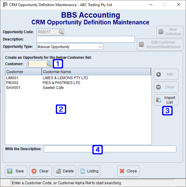 CRM Opportunity Definition Maintenance - Manual Opportunity Screen