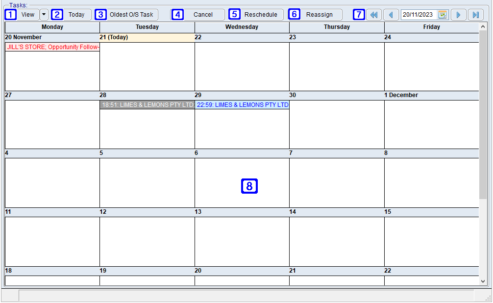 Contact Relationship Manager Tasks Tab Screen - Calendar view