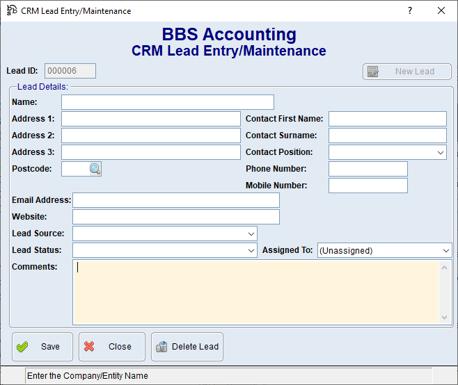 CRM Entry/Lead Maintenance Screen