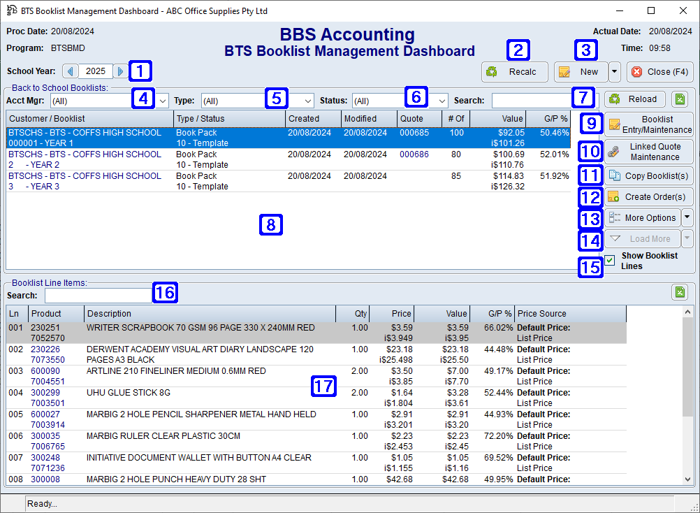 BTS Booklist Management Dashboard Screen