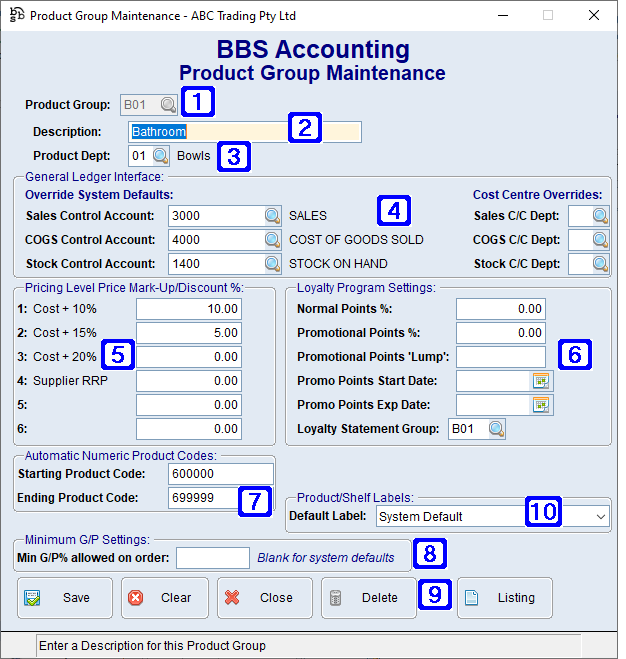 Product Group Maintenance Tab