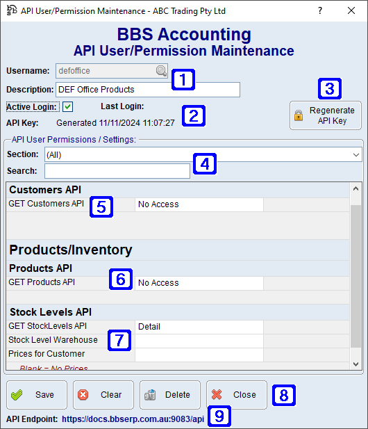 API User/Permission Maintenance Screen 