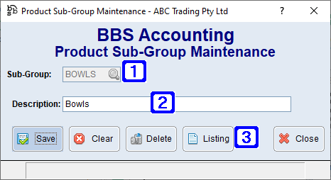 Product Sub-Group Maintenance Screen