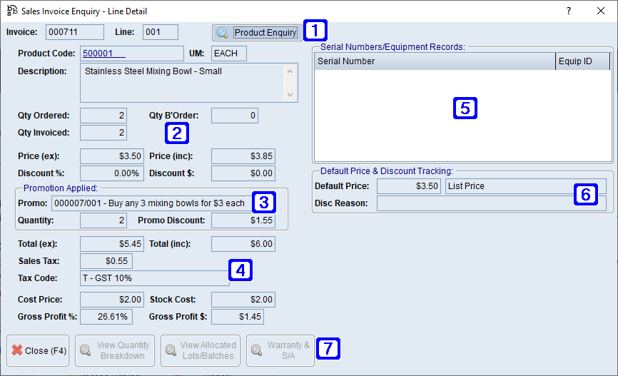 Sales Invoice Enquiry - Line Detail Screen