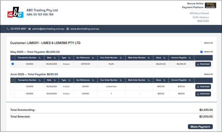 Example of Account Payment Screen