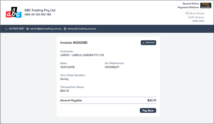 Example of Invoice Payment Screen