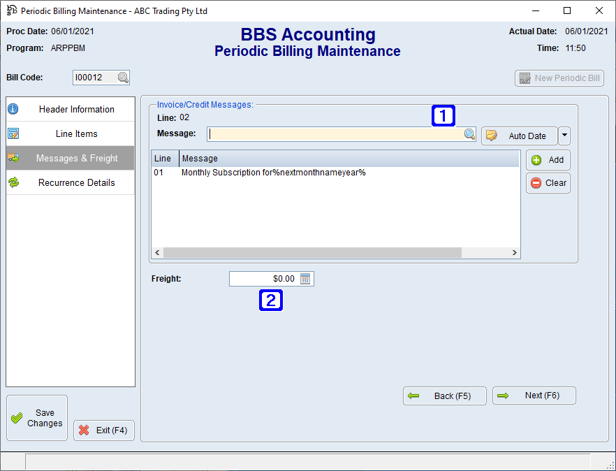 Periodic Billing Maintenance Messages & Freight Tab Screen