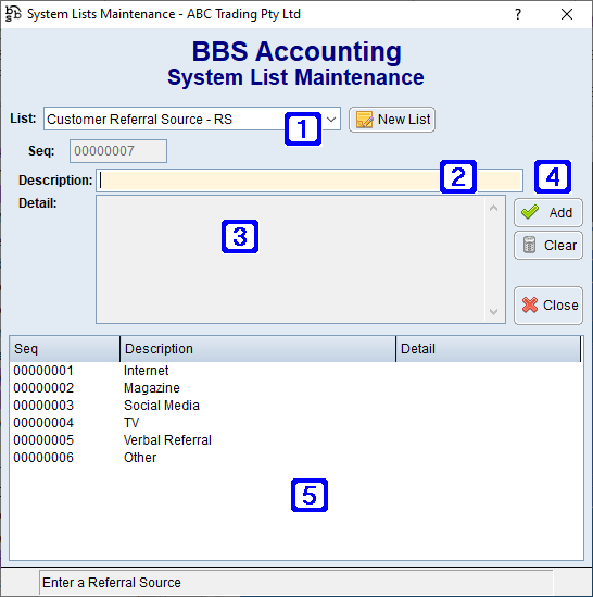 System Lists Maintenance Screen