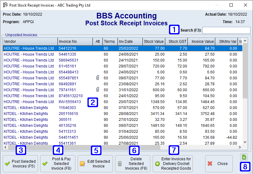 Post Stock Receipt Invoices Screen