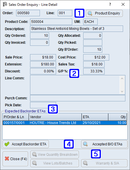 Sales Order Enquiry - Line Detail Screen