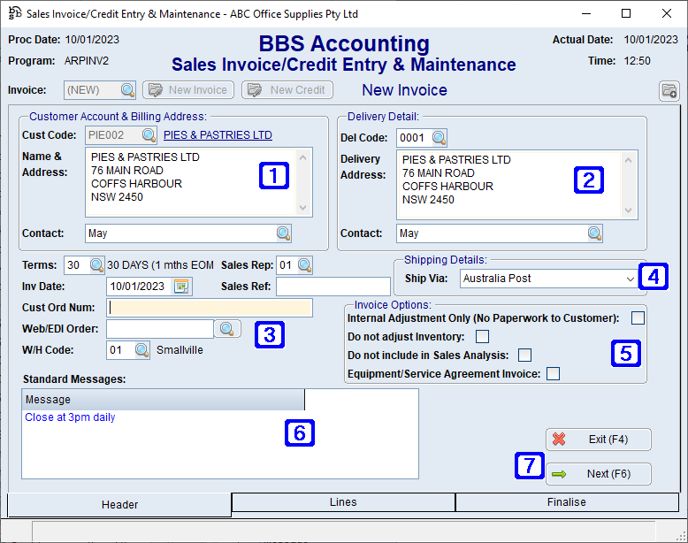 Sales Invoice/Credit Entry & Maintenance - Header Tab Screen