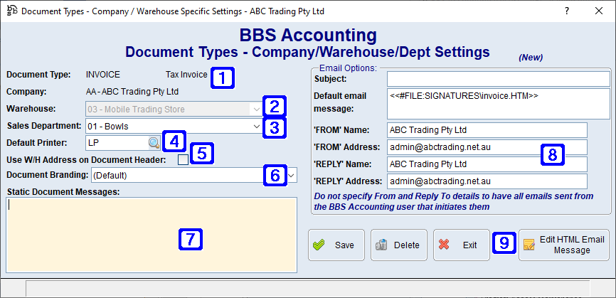 Document Types - Company/Warehouse/Dept Settings Screen