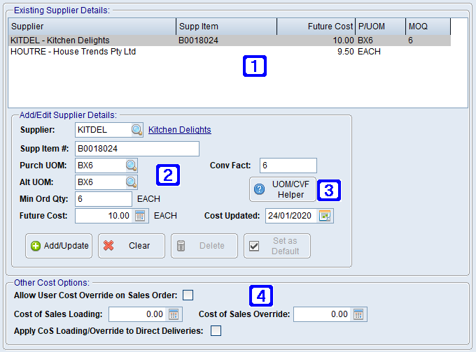 Suppliers & Cost Pricing Tab Screen