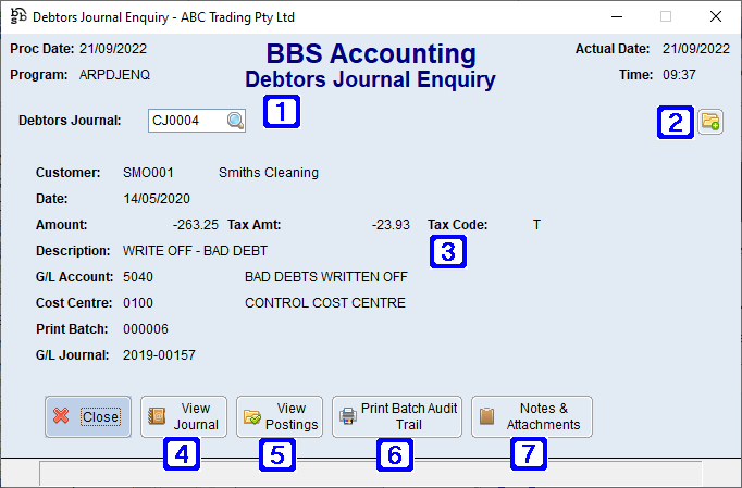 Debtors Journal Enquiry Screen