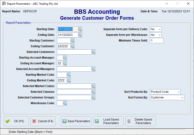 Generate Customer Order Forms Screen