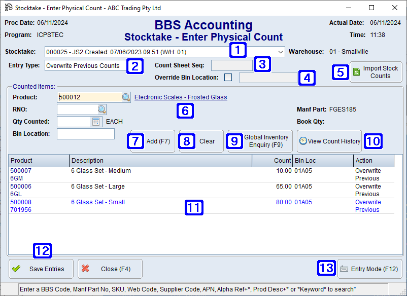 Stocktake - Enter Physical Count Screen