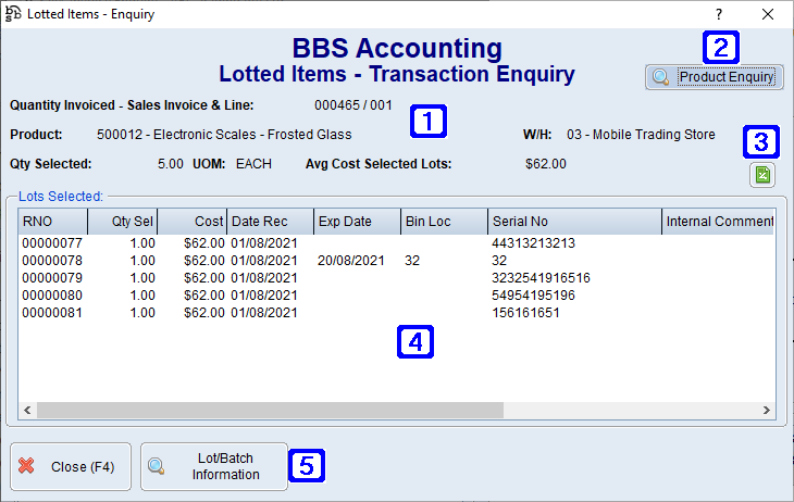 Lotted Items - Transaction Enquiry Screen