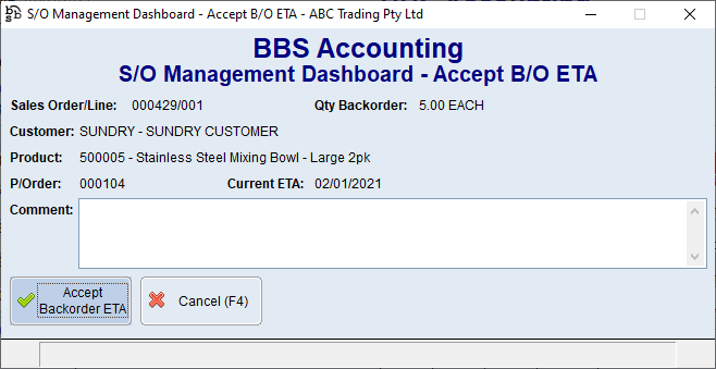 S/O Management Dashboard - Accept B/O ETA Screen