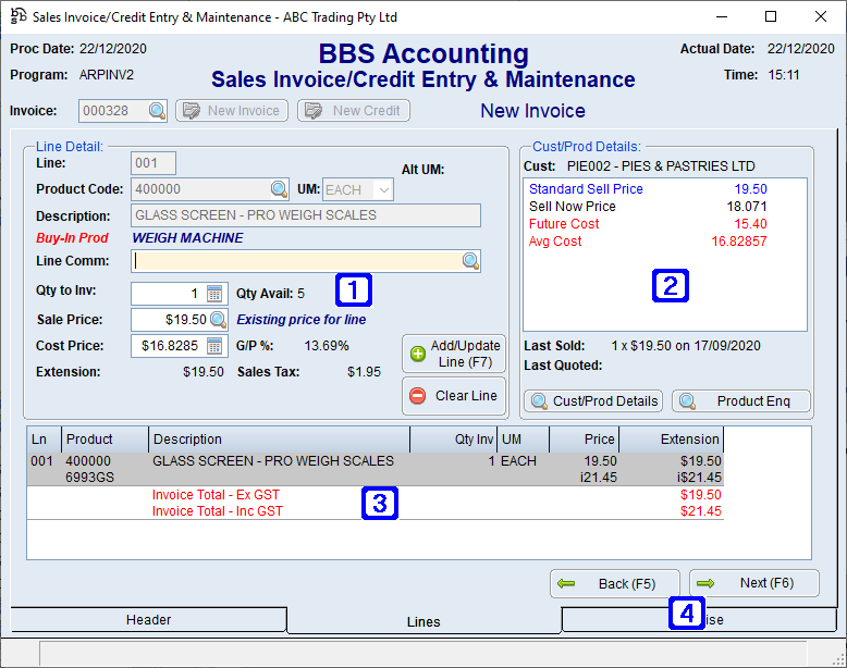 Sales Invoice/Credit Entry & Maintenance - Lines Tab Screen