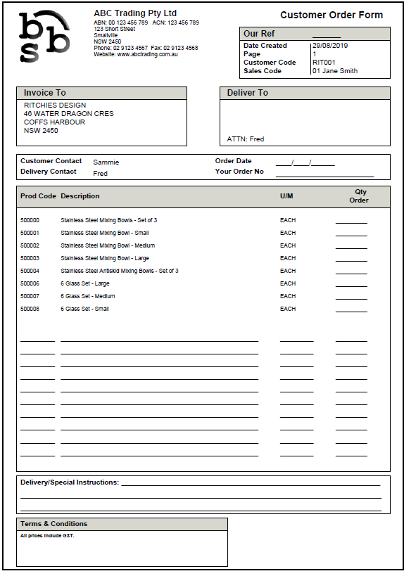 Sample Customer Order Form