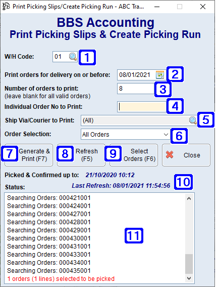 Print Picking Slips & Create Picking Run Screen