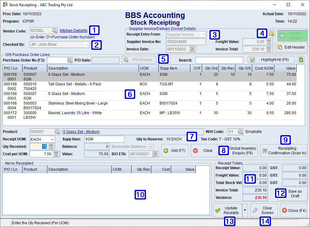 Stock Receipting Main Screen