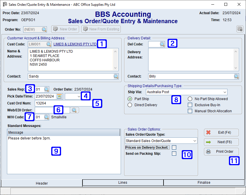 Sales Order/Quote Entry & Maintenance Screen Header Tab